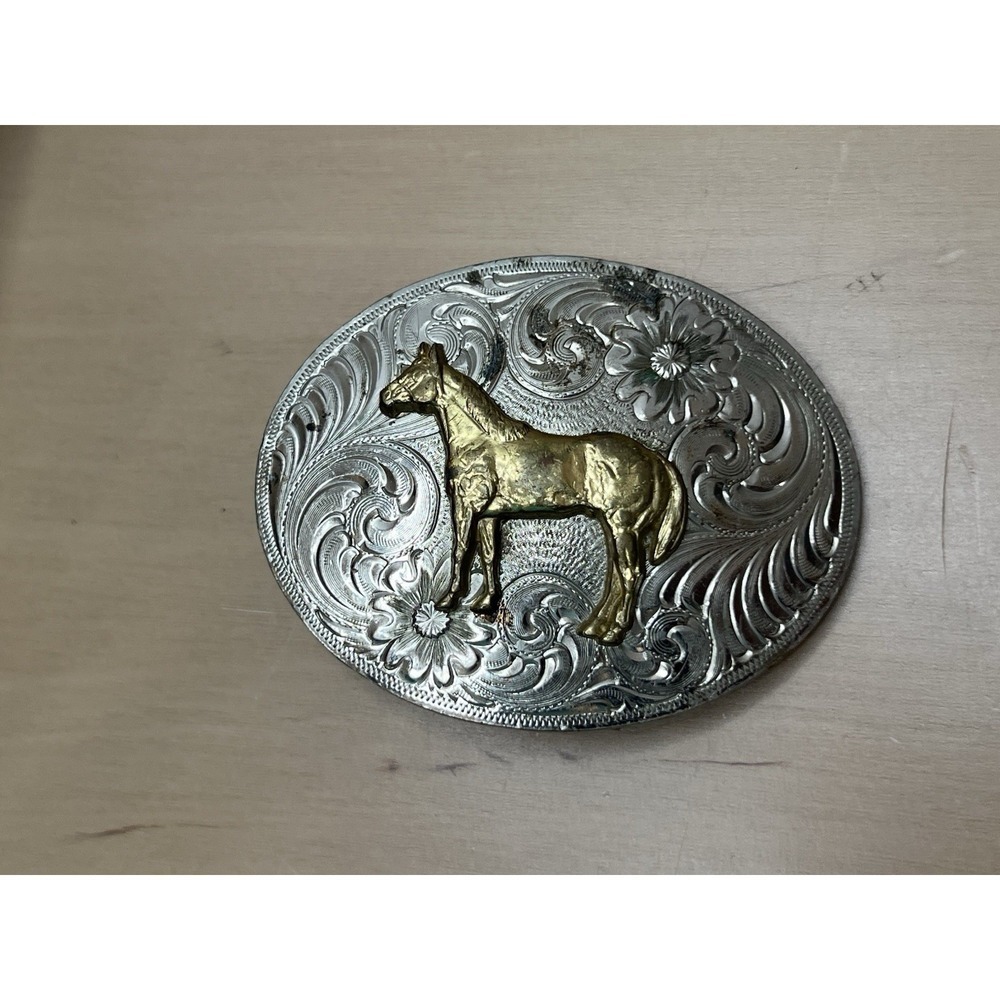 Montana Silversmiths Nickel Standing Horse Fancy Belt Buckle